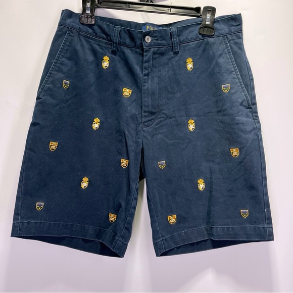 POLO Ralph Lauren Embroidered Crest Logo Chino Shorts Golf Navy Cotton Flat - Picture 1 of 4